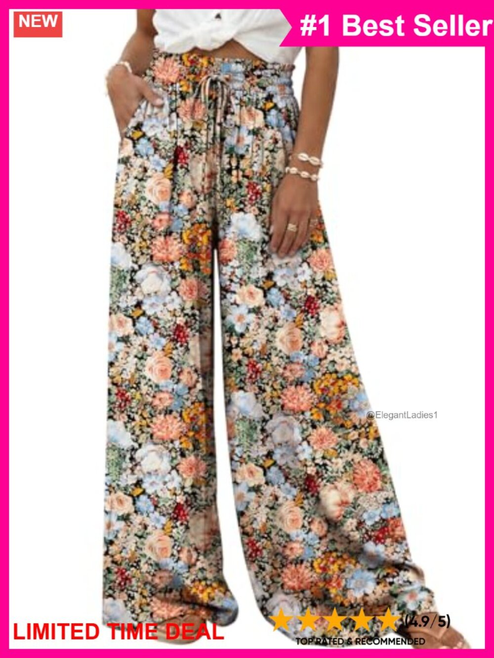 Wide Leg Palazzo Pants High Waist Flowy Pull On Pockets Elastic Waistband